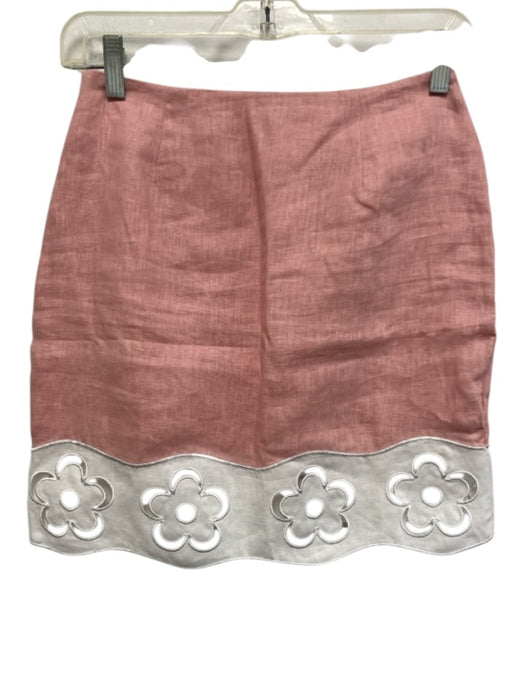 Staud Size 0 Pink & White Linen & Cotton Floral Cut Outs Color Block Mini Skirt Pink & White / 0