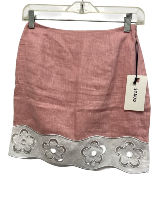 Staud Size 0 Pink & White Linen & Cotton Floral Cut Outs Color Block Mini Skirt Pink & White / 0