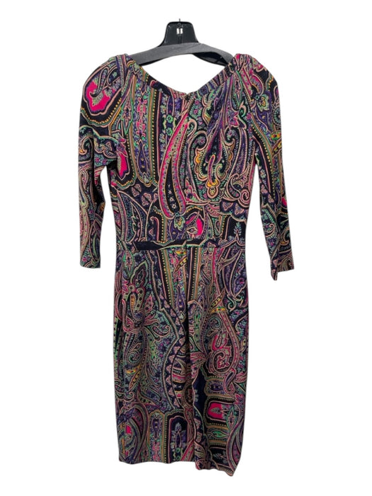 Etro Size 38 Black, Fuchsia & Multi Synthetic 3/4 Sleeve Paisley Darted Dress Black, Fuchsia & Multi / 38