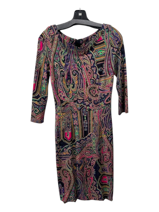 Etro Size 38 Black, Fuchsia & Multi Synthetic 3/4 Sleeve Paisley Darted Dress Black, Fuchsia & Multi / 38