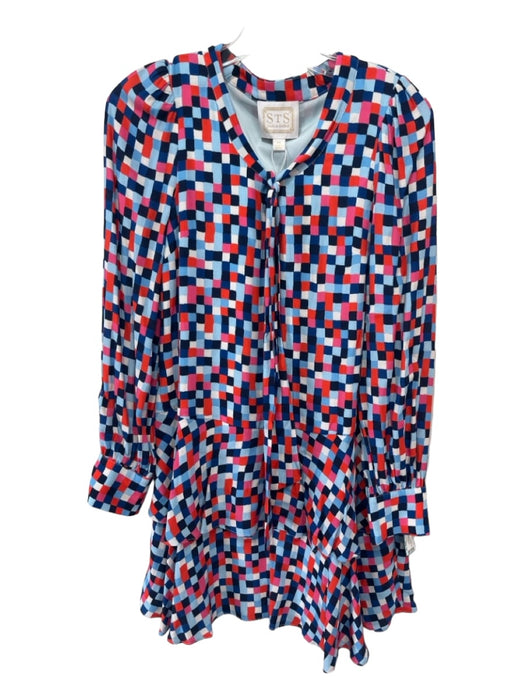 Sail To Sable Size XS Blue, Red & Pink Viscose Blend Checkered Tie V Neck Dress Blue, Red & Pink / XS