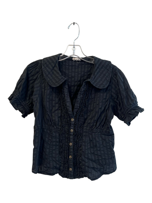 Pilcro Size S Black Cotton Short Sleeve V Neck Peter Pan Collar Button Down Top Black / S