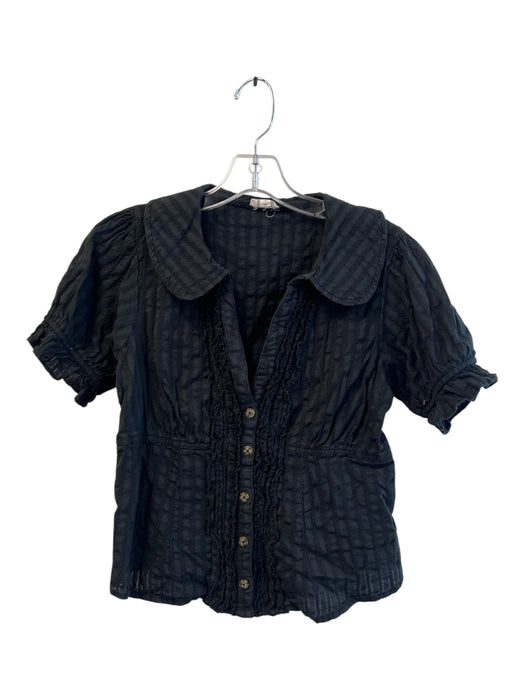 Pilcro Size S Black Cotton Short Sleeve V Neck Peter Pan Collar Button Down Top Black / S