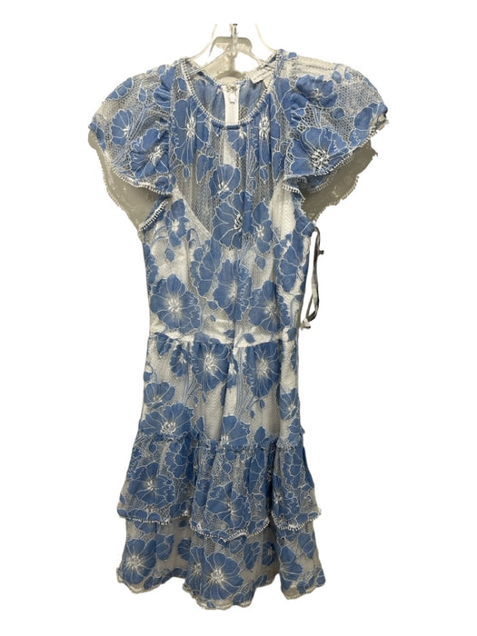 ML Monique Lhuillier Size 0 Blue & White Polyester Floral Lace Back Zip Dress Blue & White / 0