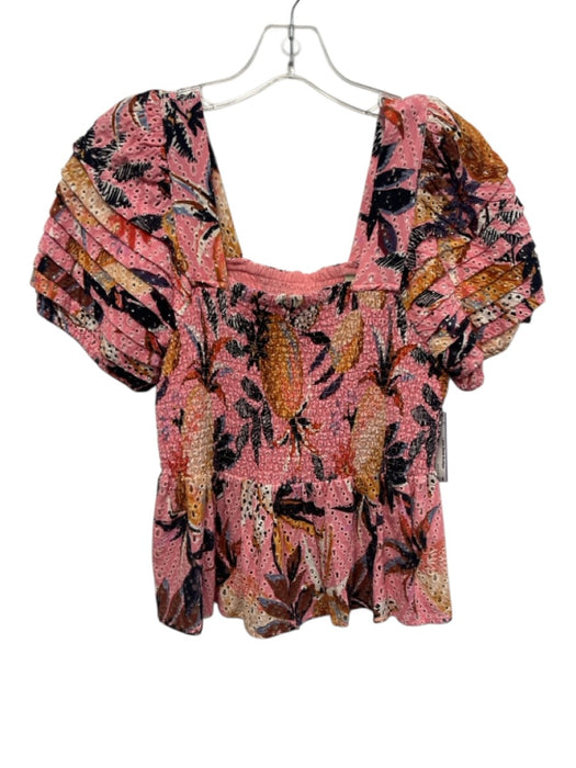 Farm Rio Size L Pink, Brown & Multi Viscose Elastic top Pleat Arm Detail Top Pink, Brown & Multi / L