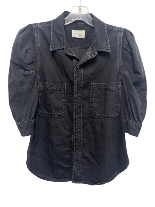 Frame Size M Denim black Cotton Collar Neck Button Down Puff Short Sleeve Top Denim black / M