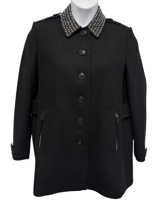 Burberry Brit Size 10 Black & Silver Wool Blend Leather Studded Collar Coat Black & Silver / 10