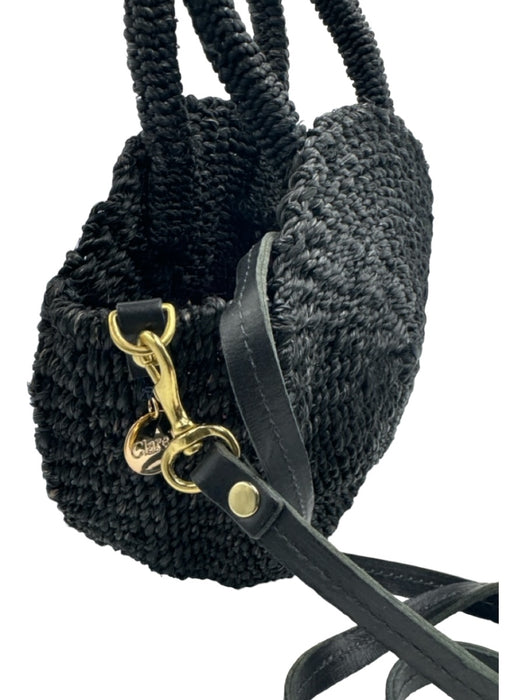 Clare V Black Straw Circle Woven Double Top Handle Crossbody Strap Bag Black / S