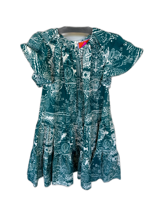 La Double J Size XS Teal & White Cotton Short Sleeve Botanical Animals Dress Teal & White / XS