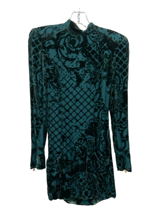 Balmain Size 2 Green Viscose Blend Velvet Shoulder Pads Long Sleeve Mini Dress Green / 2