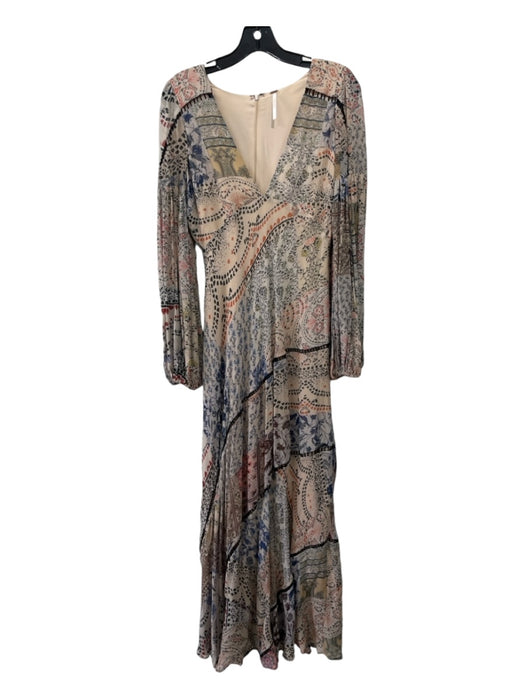 Free People Size 4 Beige & Blue Viscose V Neck Floral Long Sleeve Maxi Dress Beige & Blue / 4