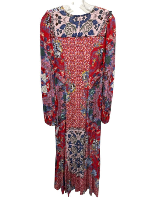 Free People Size S Red & Multi Missing Fabric Tag Mixed Print V Neck Dress Red & Multi / S