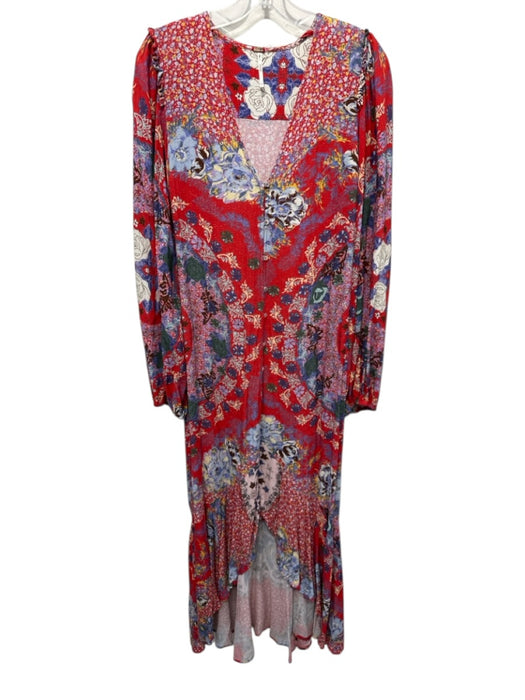 Free People Size S Red & Multi Missing Fabric Tag Mixed Print V Neck Dress Red & Multi / S
