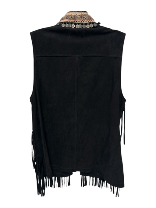 Miss June Paris Size Est M Black Leather Suede Fringe Coin Detail Tie Neck Vest Black / Est M