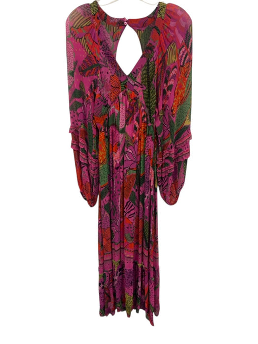 Farm Rio Size Small Pink, Orange, Green Long Sleeve Mixed Floral Tiered Dress Pink, Orange, Green / Small