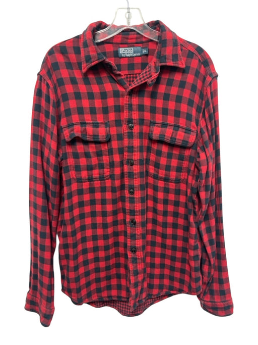 Polo Size L Red & Black Cotton Plaid Button Up Front Pockets Long Sleeve Shirt Red & Black / L