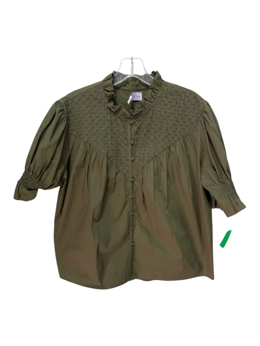 Caryn Lawn Size Small Olive Green Cotton Long Sleeve Button Front Ruffles Top Olive Green / Small