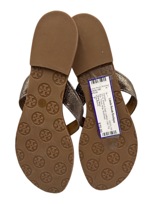 Tory Burch Shoe Size 7 Brown & Gold Leather Logo Flip flop Thong Strap Sandals Brown & Gold / 7