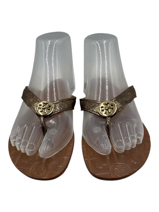 Tory Burch Shoe Size 7 Brown & Gold Leather Logo Flip flop Thong Strap Sandals Brown & Gold / 7