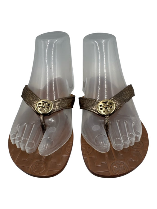 Tory Burch Shoe Size 7 Brown & Gold Leather Logo Flip flop Thong Strap Sandals Brown & Gold / 7