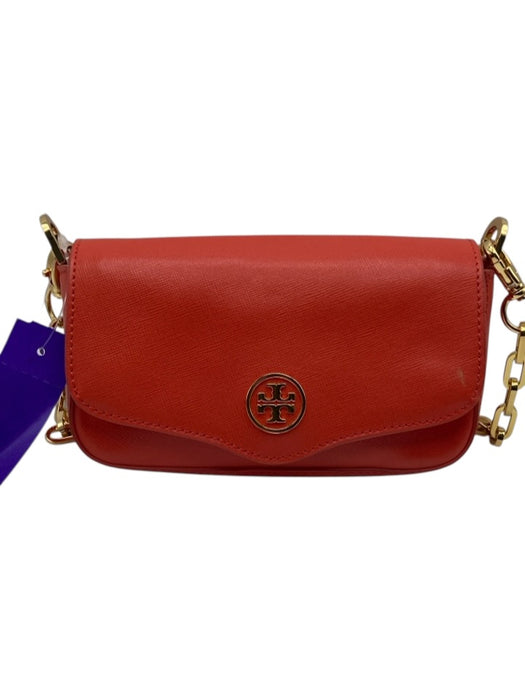 Tory Burch Coral Orange Saffiano Leather Gold Tone Hardware Logo Flap Bag Coral Orange / Mini