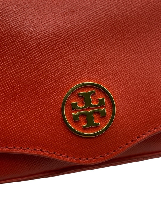 Tory Burch Coral Orange Saffiano Leather Gold Tone Hardware Logo Flap Bag Coral Orange / Mini