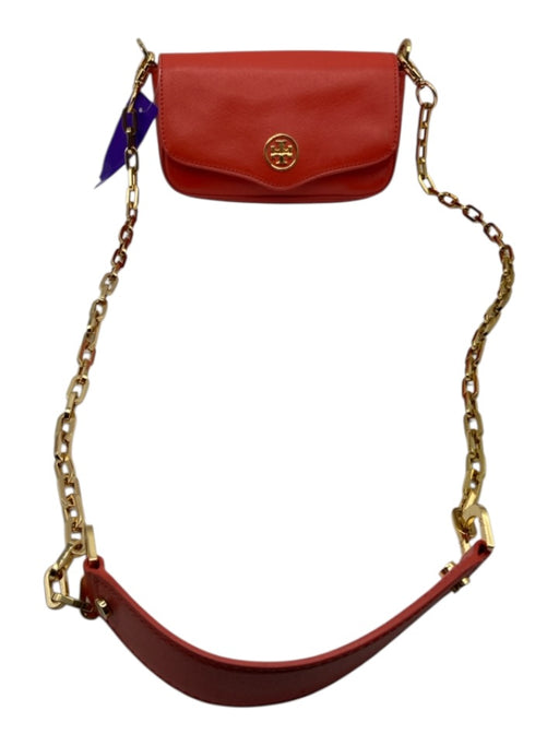 Tory Burch Coral Orange Saffiano Leather Gold Tone Hardware Logo Flap Bag Coral Orange / Mini