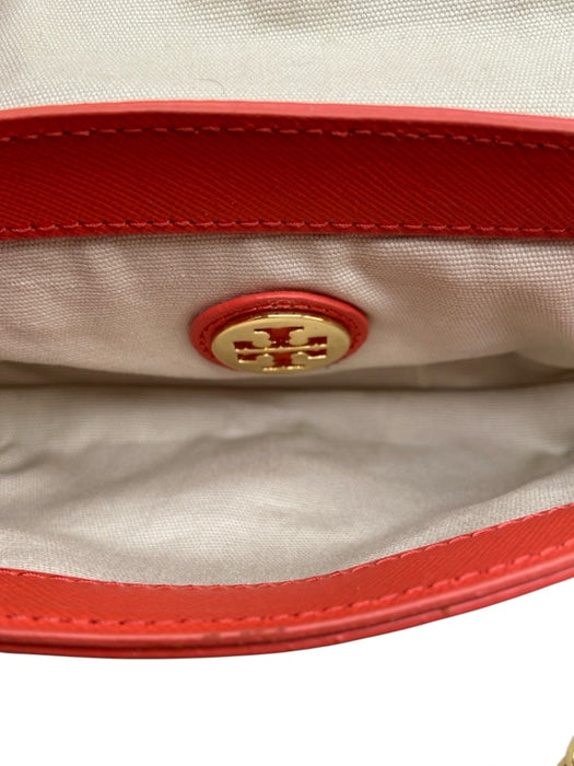 Tory Burch Coral Orange Saffiano Leather Gold Tone Hardware Logo Flap Bag Coral Orange / Mini