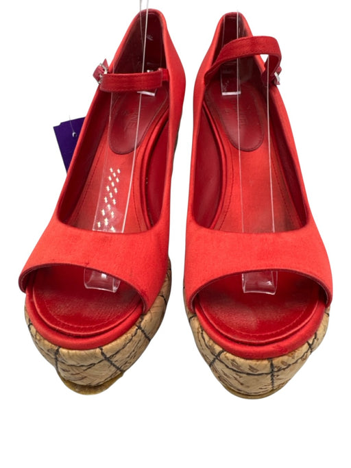 Chanel Shoe Size est 38 Red & Brown Satin Upper Quilted Detail Peep Toe Pumps Red & Brown / est 38