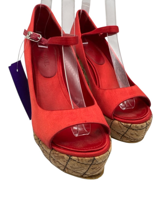 Chanel Shoe Size est 38 Red & Brown Satin Upper Quilted Detail Peep Toe Pumps Red & Brown / est 38