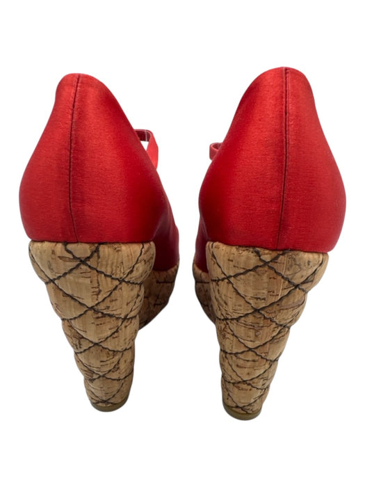 Chanel Shoe Size est 38 Red & Brown Satin Upper Quilted Detail Peep Toe Pumps Red & Brown / est 38