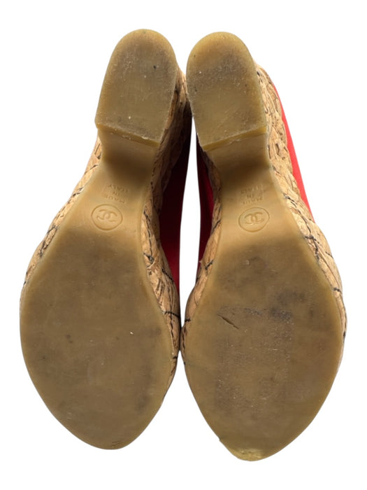 Chanel Shoe Size est 38 Red & Brown Satin Upper Quilted Detail Peep Toe Pumps Red & Brown / est 38