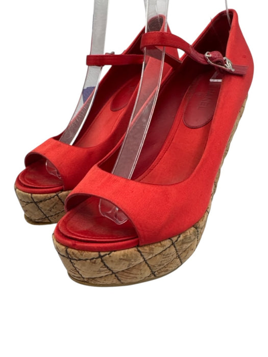 Chanel Shoe Size est 38 Red & Brown Satin Upper Quilted Detail Peep Toe Pumps Red & Brown / est 38