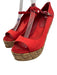 Chanel Shoe Size est 38 Red & Brown Satin Upper Quilted Detail Peep Toe Pumps Red & Brown / est 38