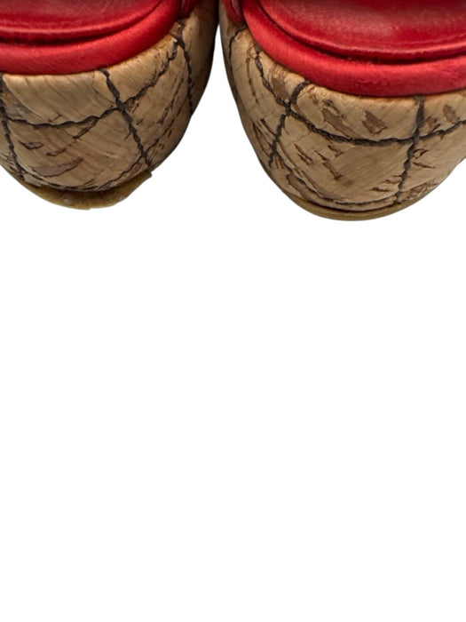 Chanel Shoe Size est 38 Red & Brown Satin Upper Quilted Detail Peep Toe Pumps Red & Brown / est 38
