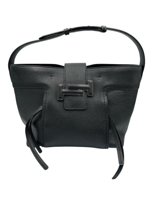 Tod's Black Leather Magnetic Snap Rolled Top Handles Pebbled Tote Bag Black