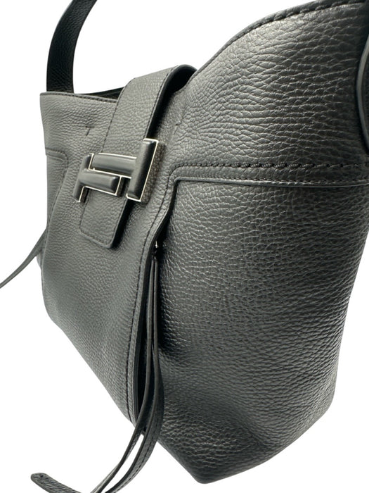 Tod's Black Leather Magnetic Snap Rolled Top Handles Pebbled Tote Bag Black