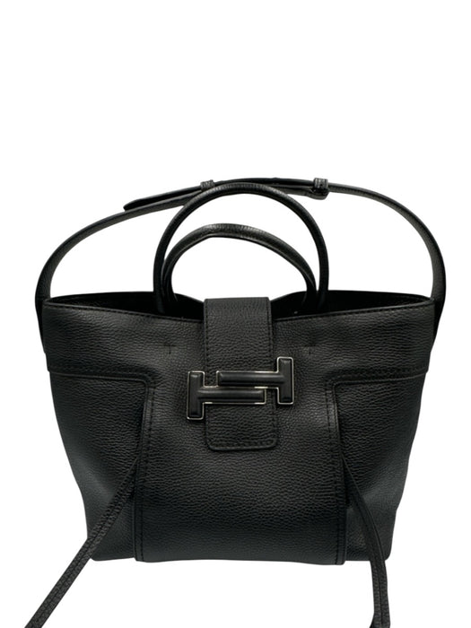 Tod's Black Leather Magnetic Snap Rolled Top Handles Pebbled Tote Bag Black