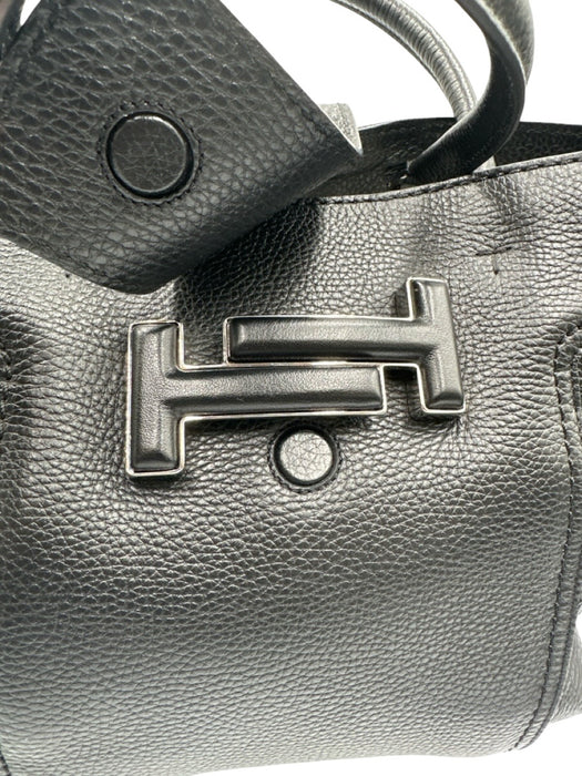 Tod's Black Leather Magnetic Snap Rolled Top Handles Pebbled Tote Bag Black