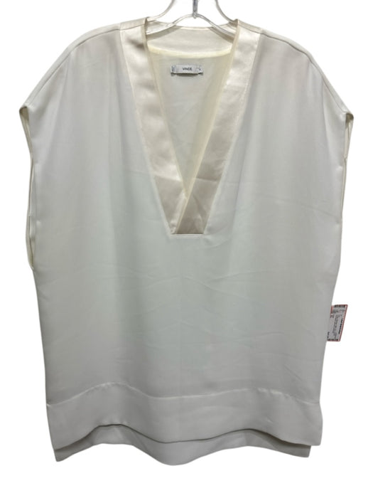 Vince Size XL Cream Polyester Satin Trim V Neck Cap Sleeve split hem Top Cream / XL