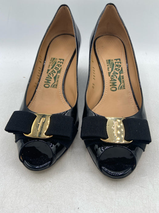 Salvatore Ferragamo Shoe Size 6 Black Patent Leather Peep Toe Bow Wedge Pumps