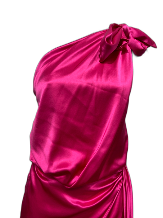 Dolce & Gabbana Size 46 Hot pink Silk Cold Shoulder Draped Midi Evening Dress Hot pink / 46