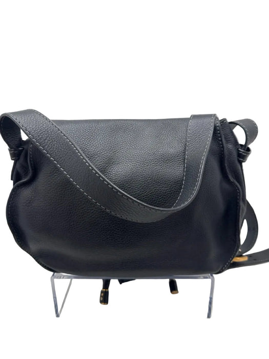 Chloe Black Grained Leather Flap Stitch Detail Gold Hardware Crossbody Strap Bag