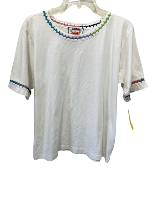 Johnny Was Size L White Cotton Crew Neck Short Sleeve Embroidered Top White / L