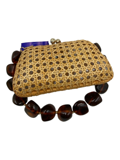 SERPUI Tan & brown Straw Kiss Lock Open Weave Beaded Handle Bag Tan & brown / Small