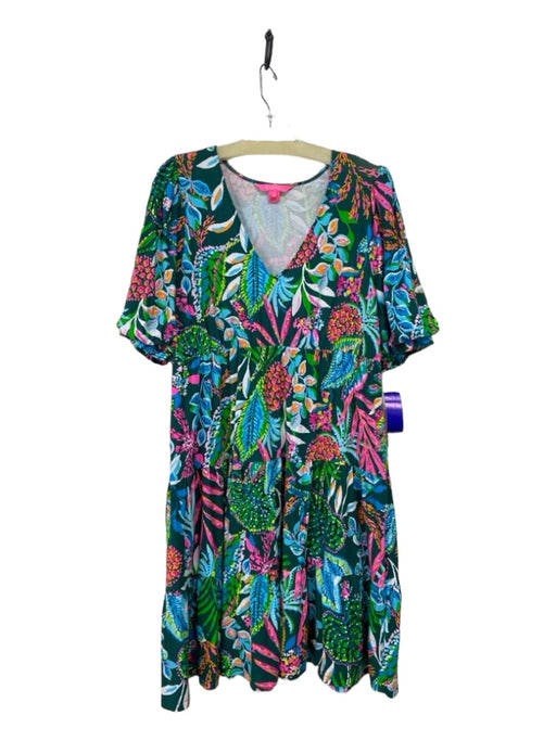 Lilly Pulitzer Size XL Green & Multi Rayon Botanical V Neck Tiered Dress Green & Multi / XL