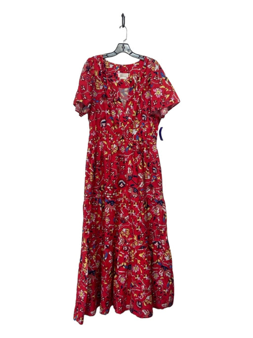 Anthropologie Size XL Red & Multi Cotton V Neck Floral Short Sleeve Tiered Dress Red & Multi / XL