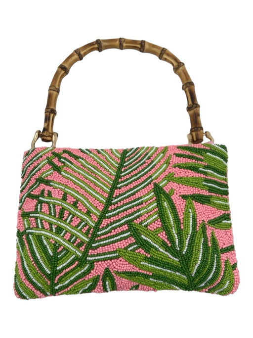 Tiana NY Pink, Green & Brown Beaded Top Handle Leaves Top Zip Bag Pink, Green & Brown / Small