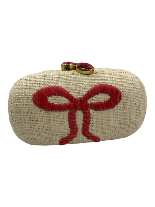 Pamela Munson Tan & Red Straw Woven Bow Chain Strap Clutch Bag Tan & Red / Small