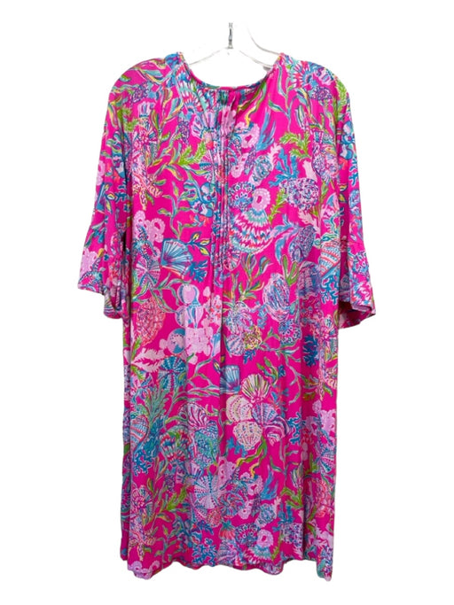 Lilly Pulitzer Size XL Pink & Multi Rayon Blend Embroidered Pintuck V Neck Dress Pink & Multi / XL